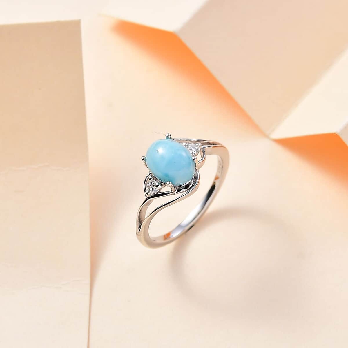 Premium Larimar, Moissanite Ring in Rhodium Over Sterling Silver (Size 6.0) 1.65 ctw image number 1