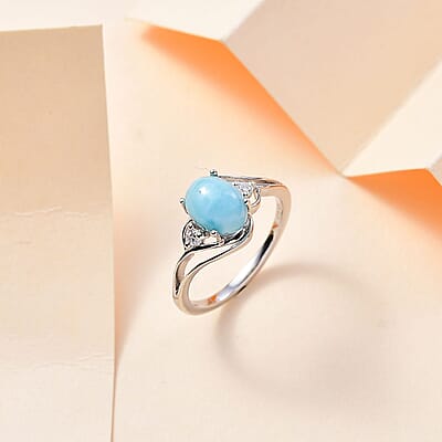Larimar and Moissanite Ring in Rhodium Over Sterling Silver (Size 10.0) 1.65 ctw