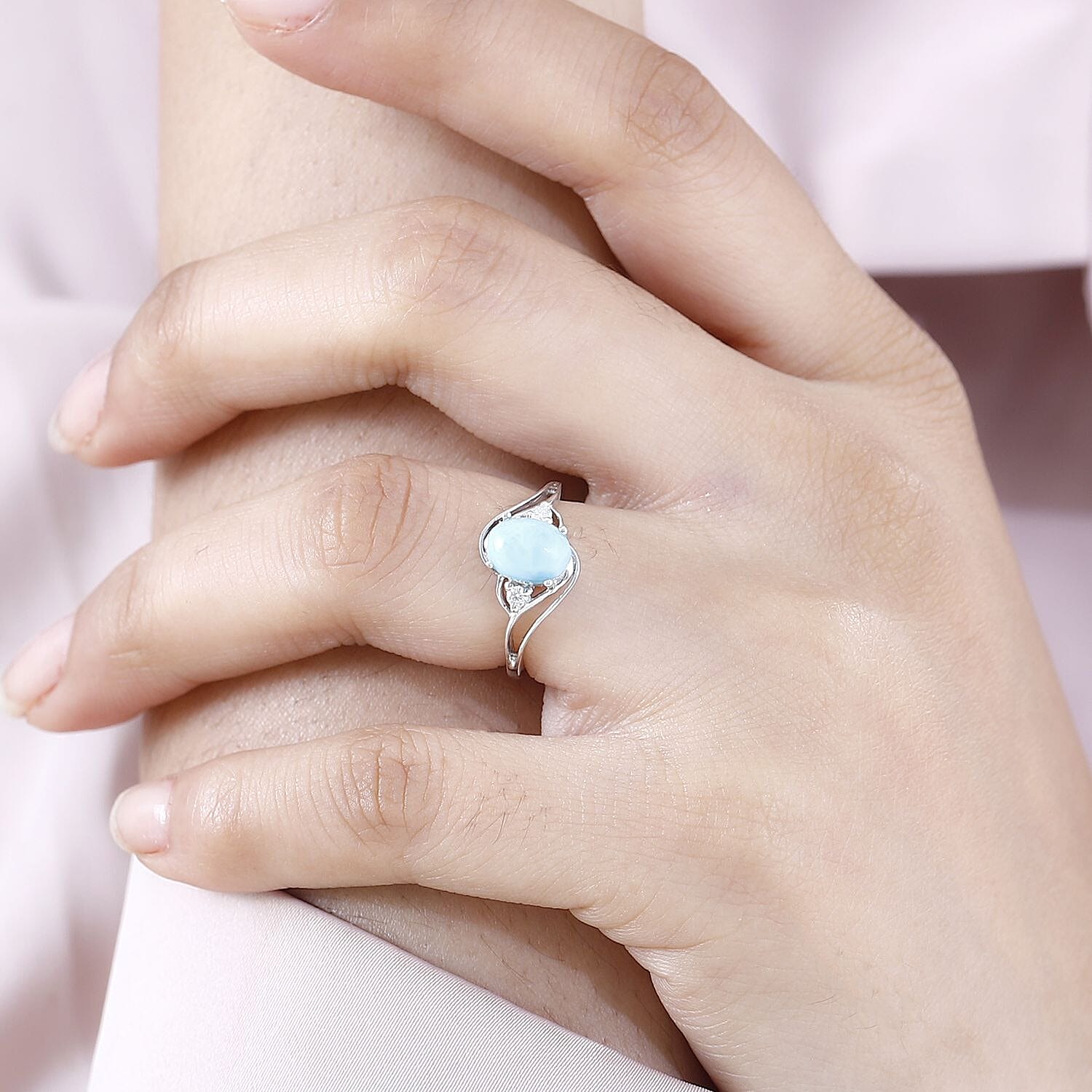 Larimar and Moissanite Ring in Rhodium Over Sterling Silver (Size 10.0) 1.65 ctw
