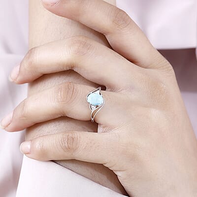 Larimar and Moissanite Ring in Rhodium Over Sterling Silver (Size 10.0) 1.65 ctw