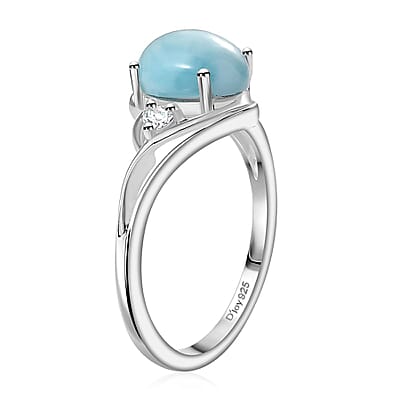 Larimar and Moissanite Ring in Rhodium Over Sterling Silver (Size 10.0) 1.65 ctw