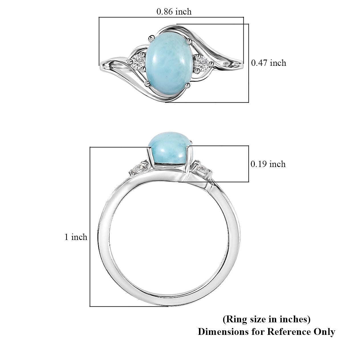 Larimar and Moissanite Ring in Rhodium Over Sterling Silver (Size 10.0) 1.65 ctw