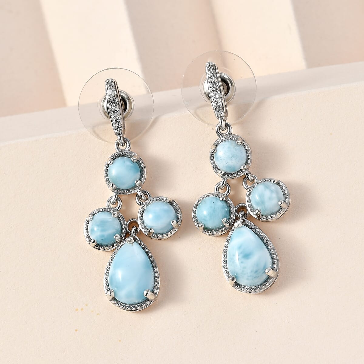 D'Joy Larimar and White Zircon 8.90 ctw Ocean Droplets Earrings in Rhodium Over Sterling Silver image number 1
