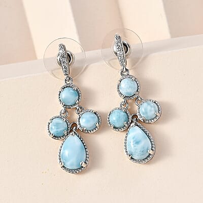 D'Joy Larimar and White Zircon 8.90 ctw Ocean Droplets Earrings in Rhodium Over Sterling Silver