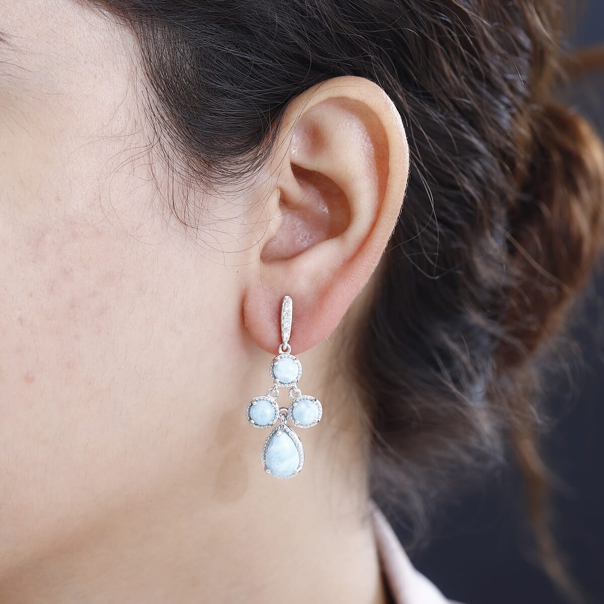 D'Joy Larimar and White Zircon 8.90 ctw Ocean Droplets Earrings in Rhodium Over Sterling Silver image number 2