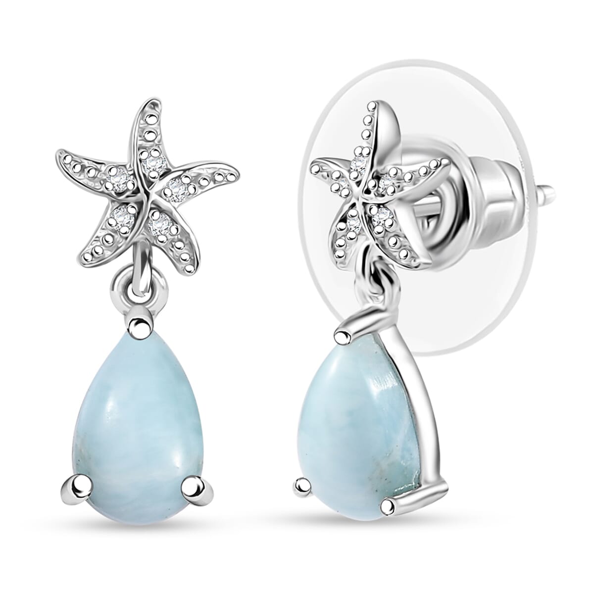 D'Joy Premium Larimar and White Zircon 2.00 ctw Starfish Earrings in Rhodium Over Sterling Silver image number 0