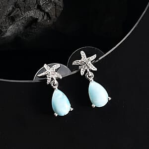 D'Joy Premium Larimar and White Zircon 2.00 ctw Starfish Earrings in Rhodium Over Sterling Silver