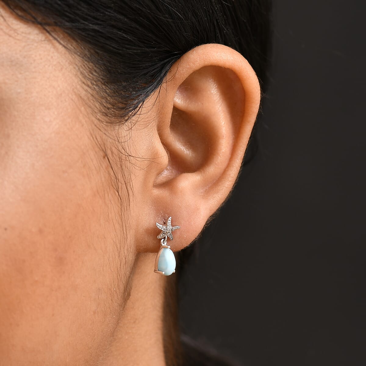 D'Joy Premium Larimar and White Zircon 2.00 ctw Starfish Earrings in Rhodium Over Sterling Silver image number 2