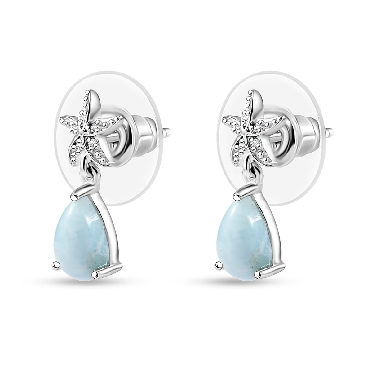D'Joy Premium Larimar and White Zircon 2.00 ctw Starfish Earrings in Rhodium Over Sterling Silver image number 3