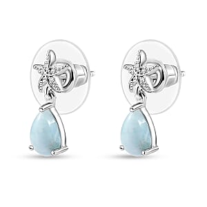 D'Joy Premium Larimar and White Zircon 2.00 ctw Starfish Earrings in Rhodium Over Sterling Silver