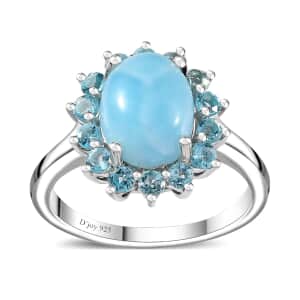 Larimar and Madagascar Paraiba Apatite Halo Ring in Rhodium Over Sterling Silver (Size 10.0) 3.00 ctw
