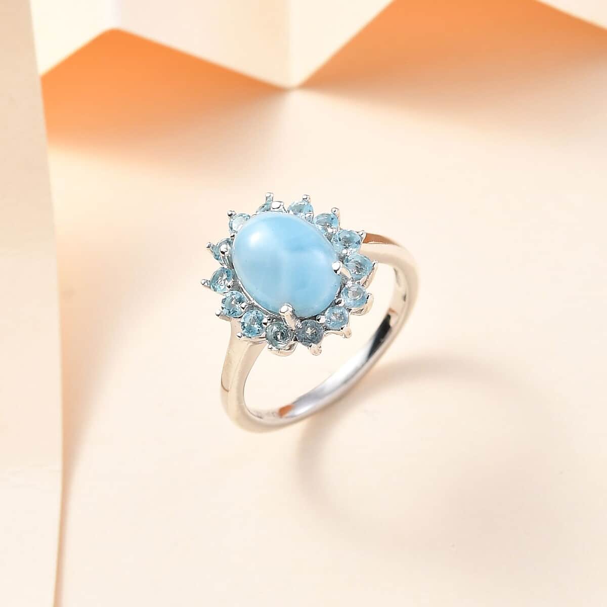 Larimar and Betroka Blue Apatite Halo Ring in Rhodium Over Sterling Silver (Size 10.0) 3.00 ctw image number 1