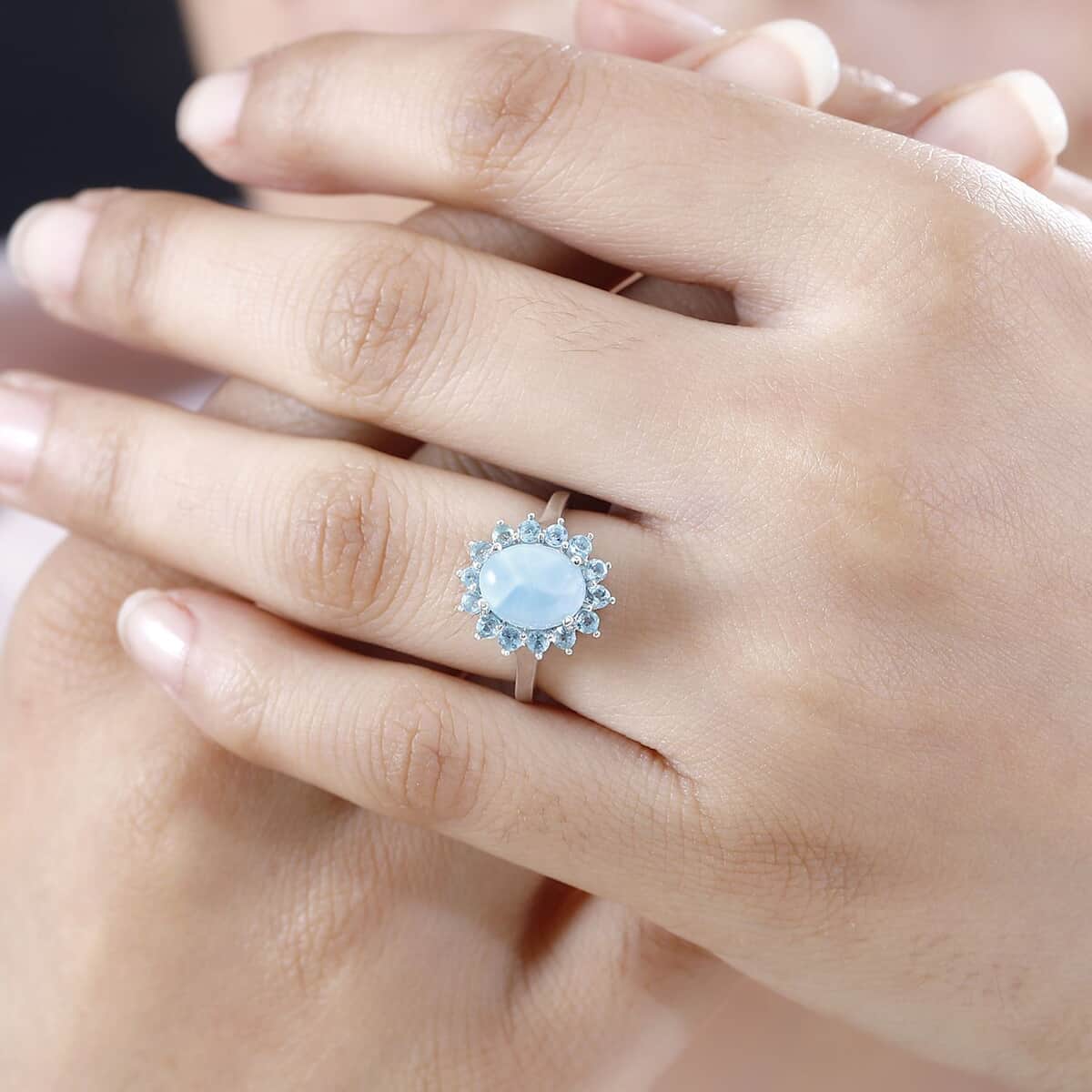 Larimar and Betroka Blue Apatite Halo Ring in Rhodium Over Sterling Silver (Size 10.0) 3.00 ctw image number 2