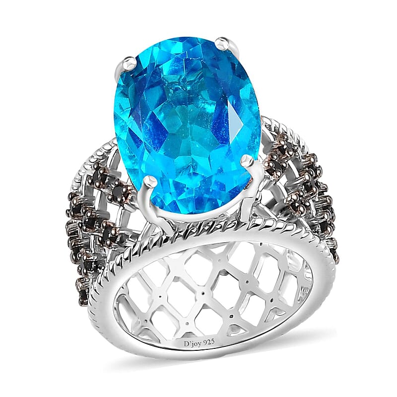 D'Joy Capri Blue Quartz (Triplet) and Thai Black Spinel Ring in Platinum Over Sterling Silver (Size 10.0) 11.15 ctw