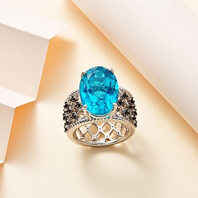 D'Joy Capri Blue Quartz (Triplet) and Thai Black Spinel Ring in Platinum Over Sterling Silver (Size 10.0) 11.15 ctw