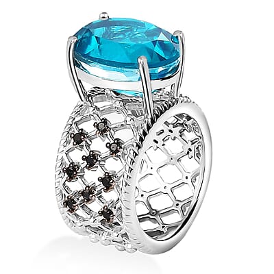 D'Joy Capri Blue Quartz (Triplet) and Thai Black Spinel Ring in Platinum Over Sterling Silver (Size 10.0) 11.15 ctw
