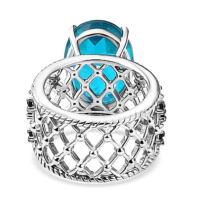 D'Joy Capri Blue Quartz (Triplet) and Thai Black Spinel Ring in Platinum Over Sterling Silver (Size 10.0) 11.15 ctw