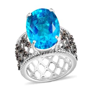 Capri Blue Quartz (Triplet) and Thai Black Spinel Ring in Platinum Over Sterling Silver (Size 6.0) 11.15 ctw