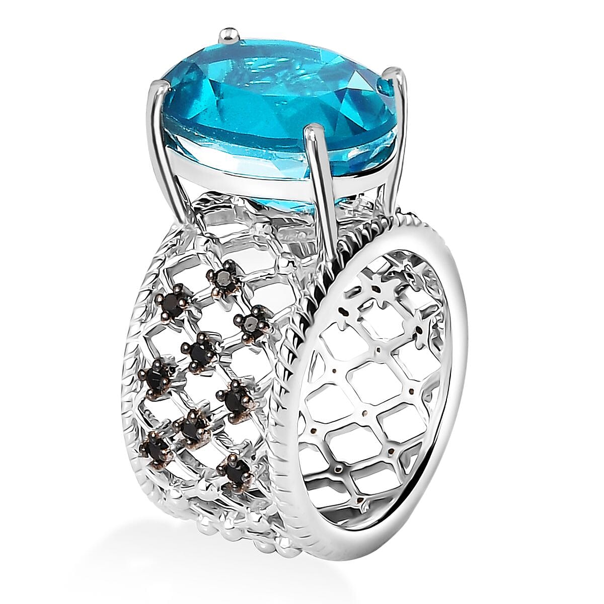 Capri Blue Quartz (Triplet), Thai Black Spinel Ring in Platinum Over Sterling Silver (Size 8.0) 11.15 ctw image number 3