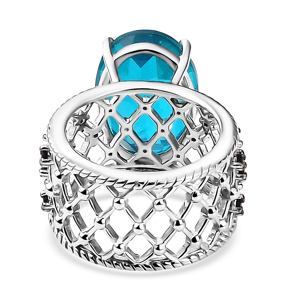 Capri Blue Quartz (Triplet), Thai Black Spinel Ring in Platinum Over Sterling Silver (Size 8.0) 11.15 ctw image number 4