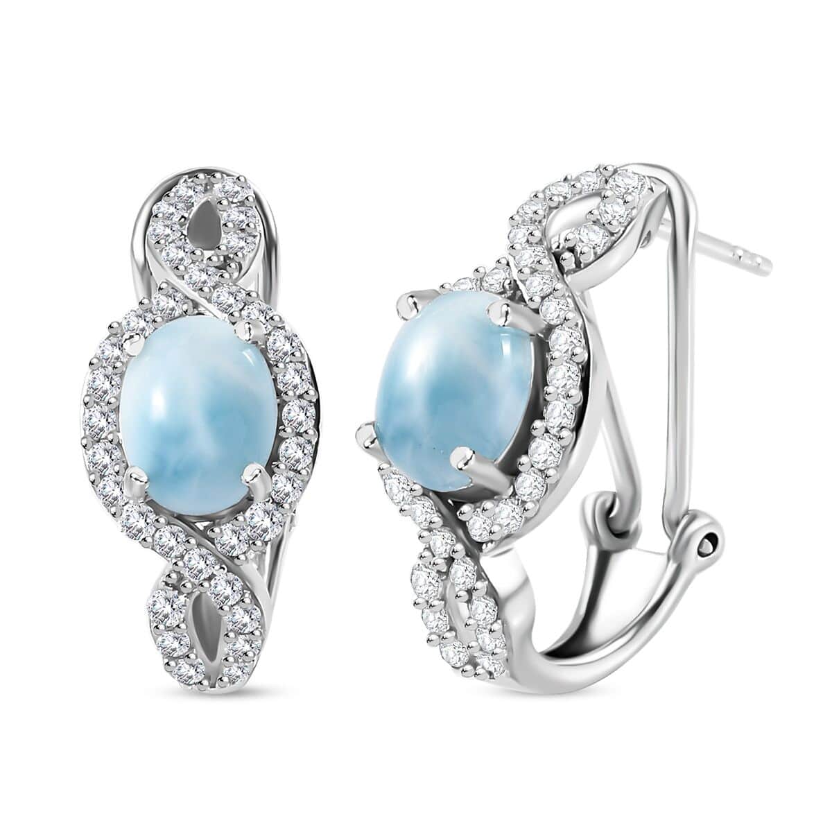 Larimar and White Zircon Latch Back Earrings in Rhodium Over Sterling Silver 6.00 ctw image number 0
