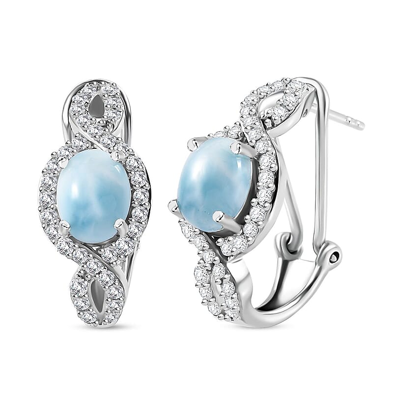 D'Joy Larimar and White Zircon Latch Back Earrings in Rhodium Over Sterling Silver 6.00 ctw