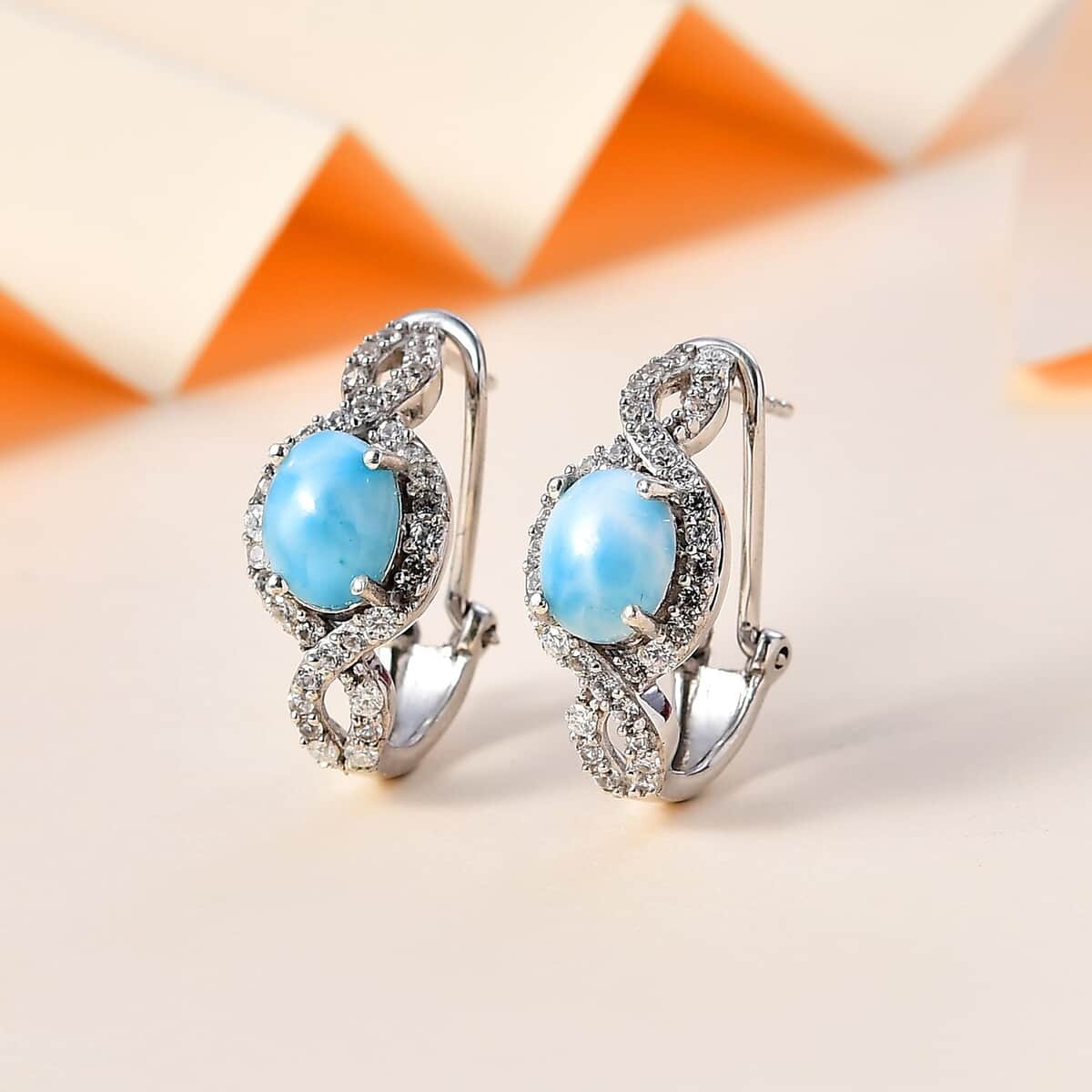 Larimar and White Zircon Latch Back Earrings in Rhodium Over Sterling Silver 6.00 ctw image number 1