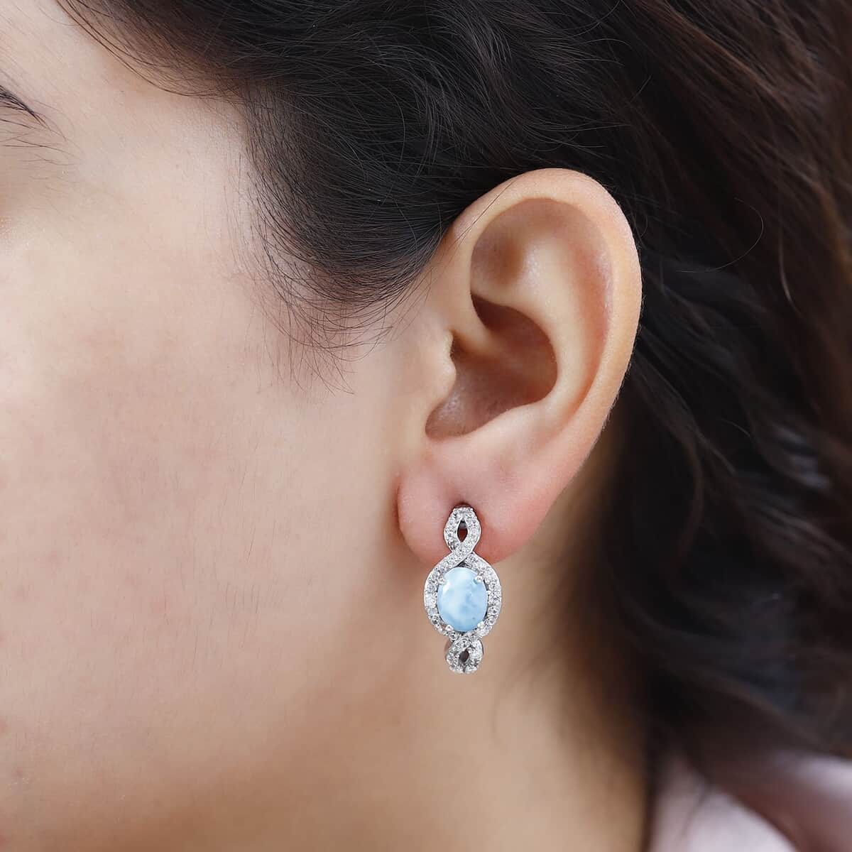 Larimar and White Zircon Latch Back Earrings in Rhodium Over Sterling Silver 6.00 ctw image number 2