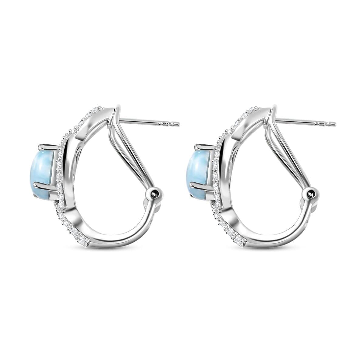 Larimar and White Zircon Latch Back Earrings in Rhodium Over Sterling Silver 6.00 ctw image number 3