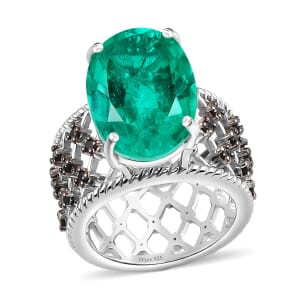 Emeraldine Quartz (Triplet) and Thai Black Spinel Ring in Platinum Over Sterling Silver (Size 10.0) 11.20 ctw