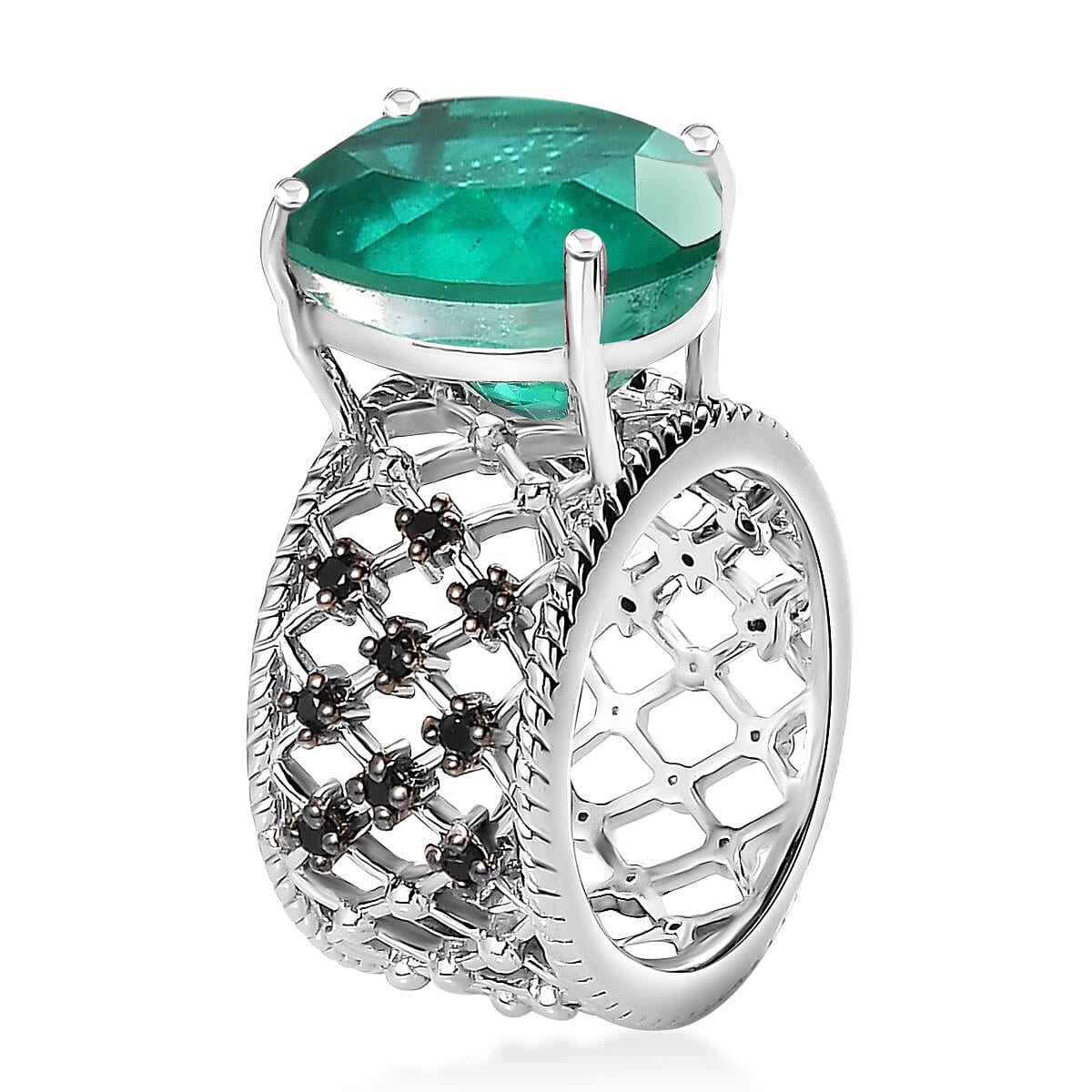 Emeraldine Quartz (Triplet) and Thai Black Spinel Ring in Platinum Over Sterling Silver (Size 9.0) 11.20 ctw image number 3