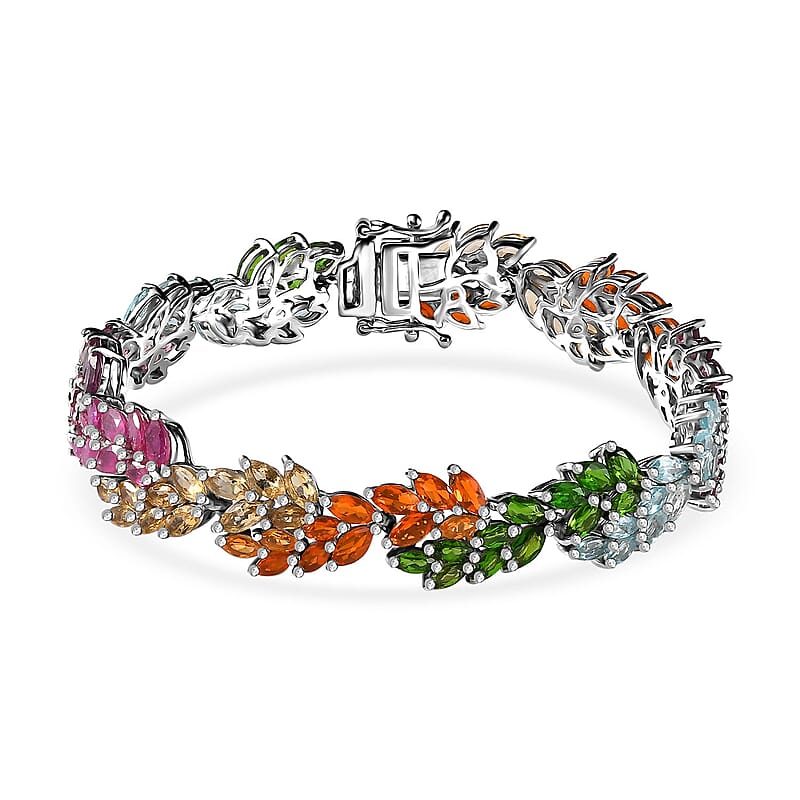 Multi Gemstone Leaf Creeper Bracelet in Platinum Over Sterling Silver (6.50 In) 16.10 ctw