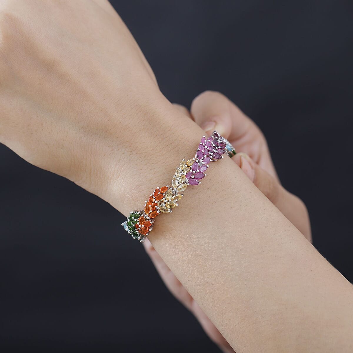 Multi Gemstone Leaf Creeper Bracelet in Platinum Over Sterling Silver (7.25 In) 17.50 ctw image number 2