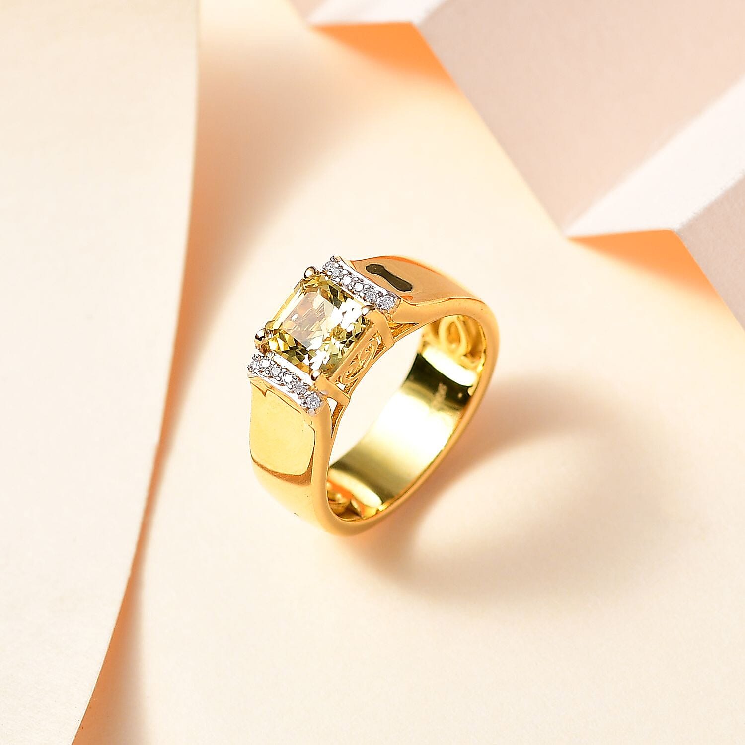 Asscher Cut Brazilian Sunfire Beryl and Moissanite Ring in Vermeil Yellow Gold Over Sterling Silver (Size 10.0) 1.00 ctw