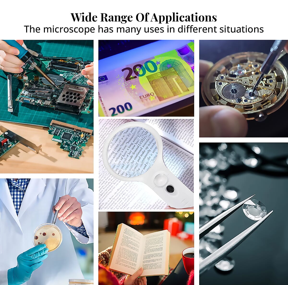 2 pcs Certificate CE ROHS Led Magnifier Glass (Black & White) (190x83x28 mm) - Big Len 3X-75mm and Small Len 45X -22mm image number 6