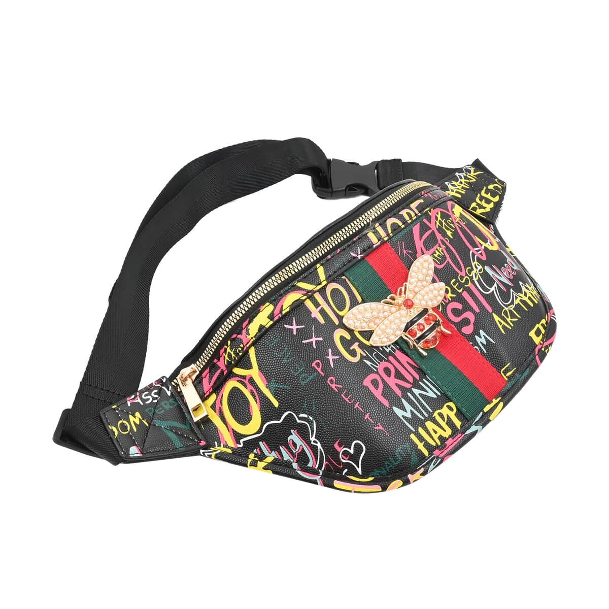 Black & Multi Color Vegan Leather Graffiti Belt Bag image number 1