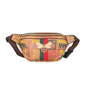 Tan & Multi Color Vegan Leather Graffiti Belt Bag (13x6x2.75)