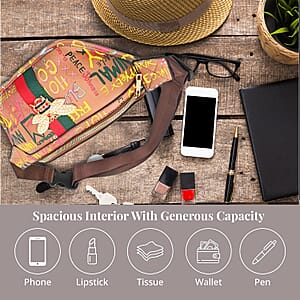 Tan & Multi Color Vegan Leather Graffiti Belt Bag (13x6x2.75)