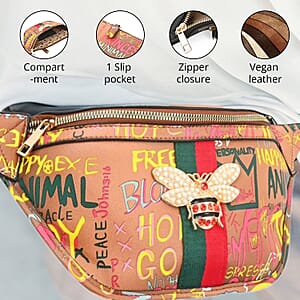 Tan & Multi Color Vegan Leather Graffiti Belt Bag (13x6x2.75)