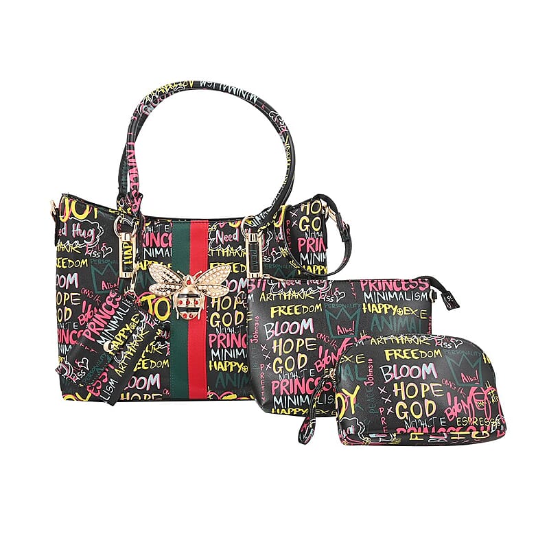 4pc Black & Multi Color Vegan Leather Tote Bag, Clutch, Cosmetic Bag and Coin Purse