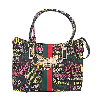 4pc Black & Multi Color Vegan Leather Tote Bag, Clutch, Cosmetic Bag and Coin Purse
