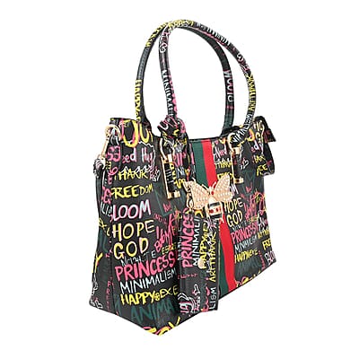 4pc Black & Multi Color Vegan Leather Tote Bag, Clutch, Cosmetic Bag and Coin Purse