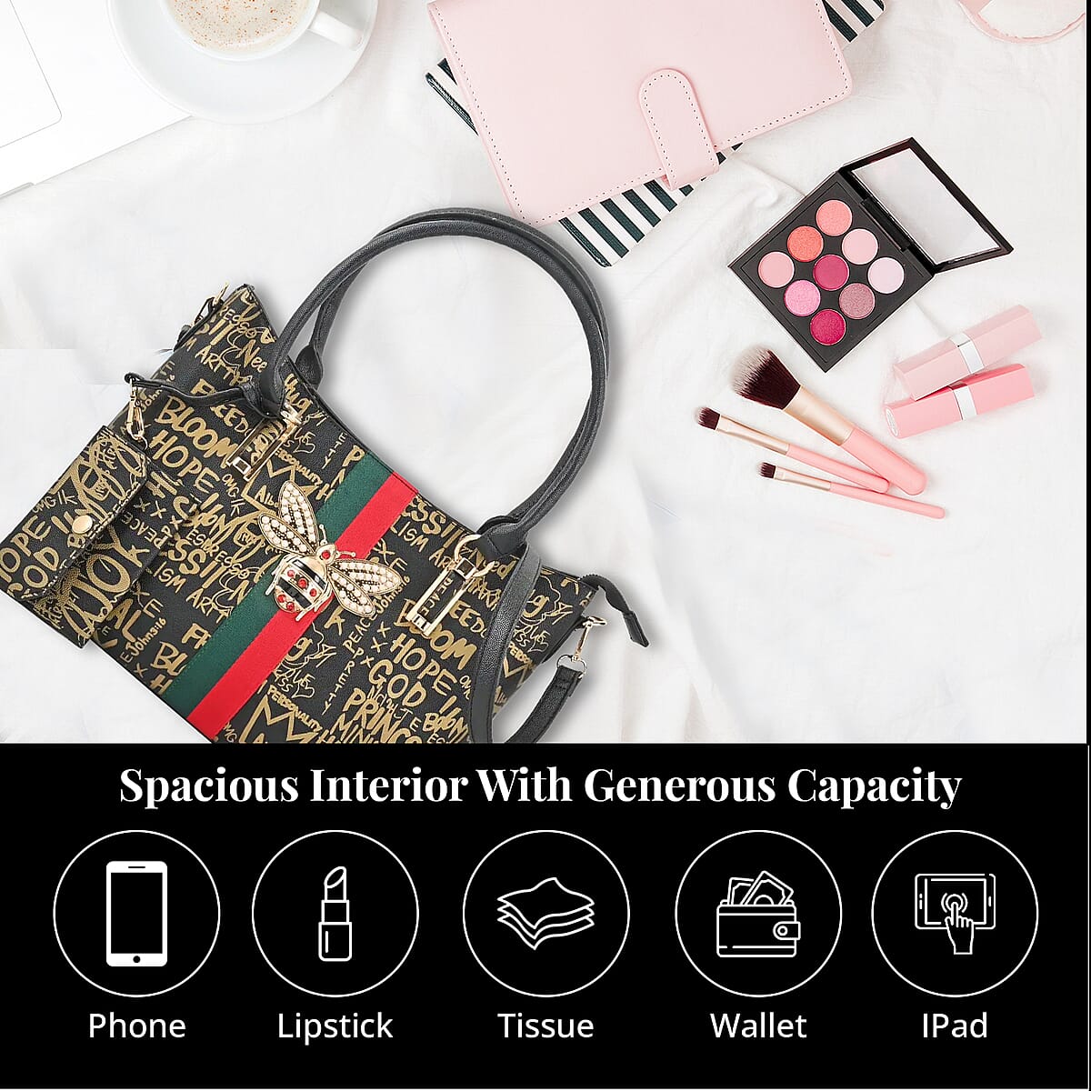 4pc Black & Gold Vegan Leather Tote Bag, Clutch, Cosmetic Bag and Coin Purse image number 2