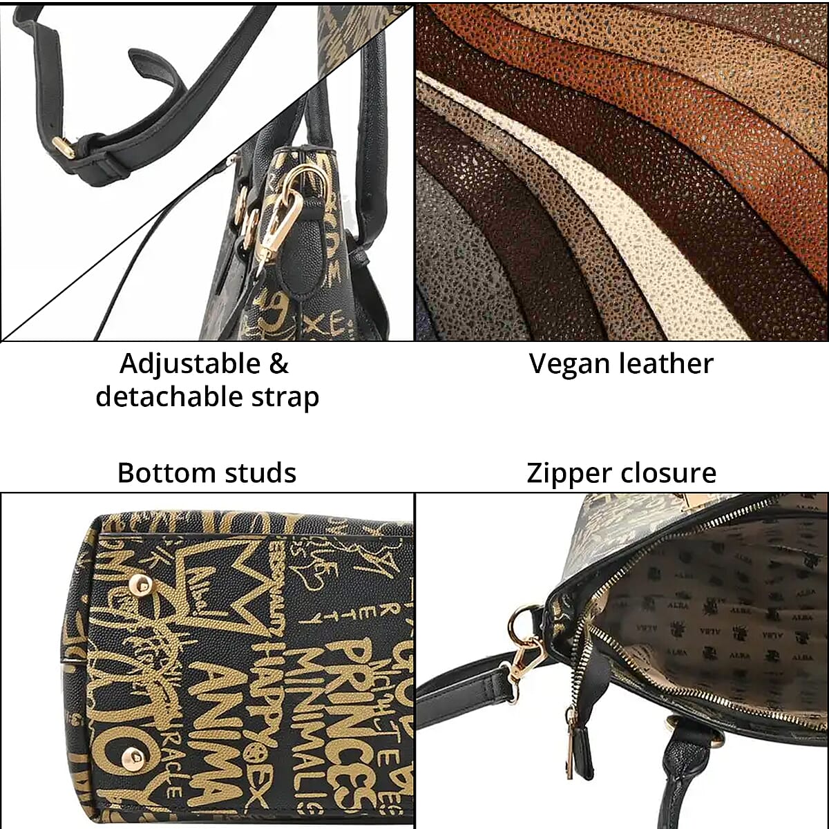 4pc Black & Gold Vegan Leather Tote Bag, Clutch, Cosmetic Bag and Coin Purse image number 3