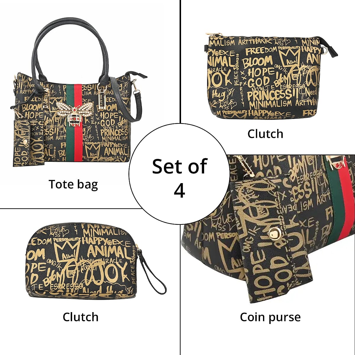 4pc Black & Gold Vegan Leather Tote Bag, Clutch, Cosmetic Bag and Coin Purse image number 4