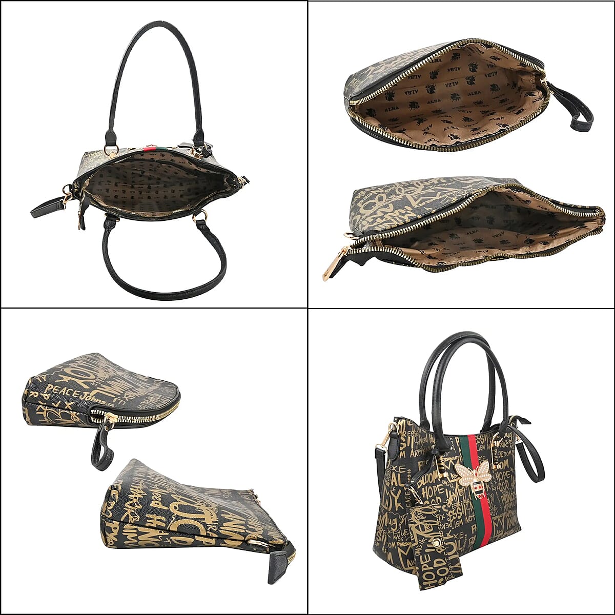 4pc Black & Gold Vegan Leather Tote Bag, Clutch, Cosmetic Bag and Coin Purse image number 7