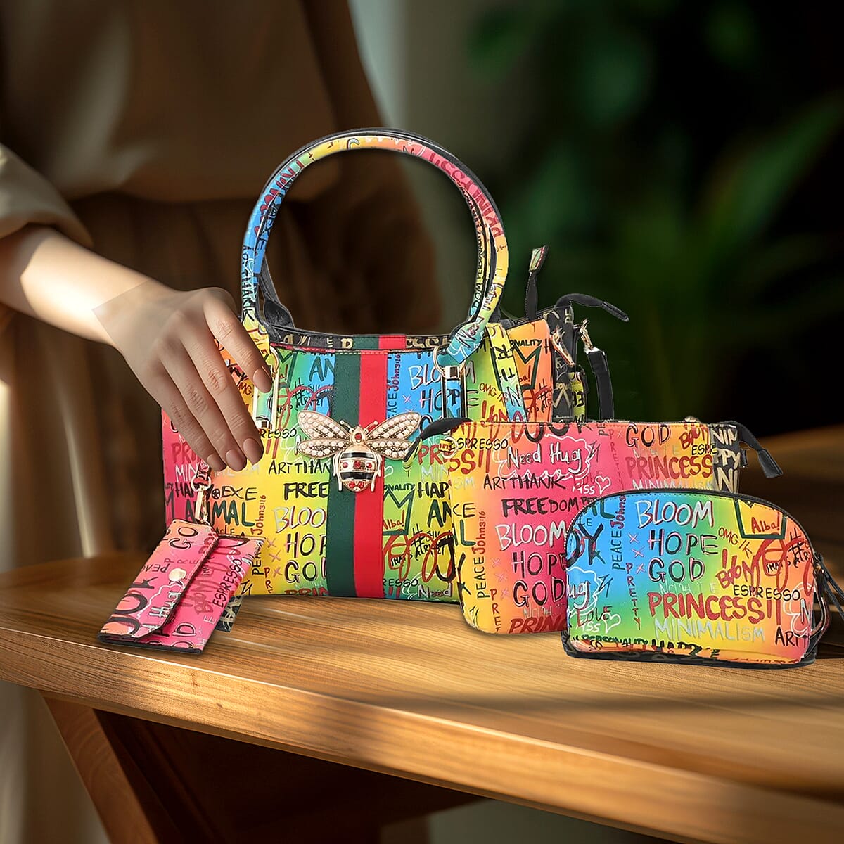 4pc Multi Color Vegan Leather Tote Bag, Clutch, Cosmetic Bag and Coin Purse image number 1