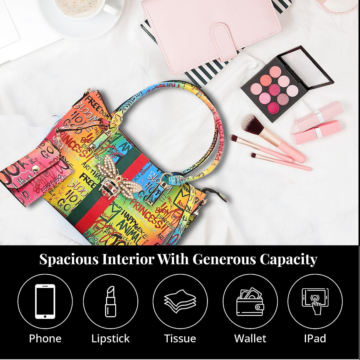 4pc Multi Color Vegan Leather Tote Bag, Clutch, Cosmetic Bag and Coin Purse image number 2