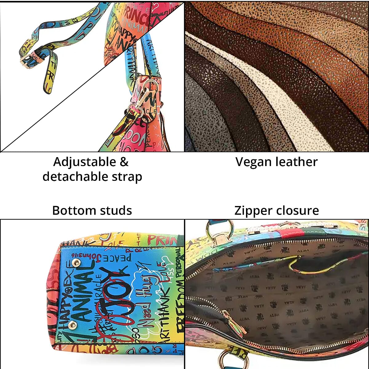 4pc Multi Color Vegan Leather Tote Bag, Clutch, Cosmetic Bag and Coin Purse image number 3