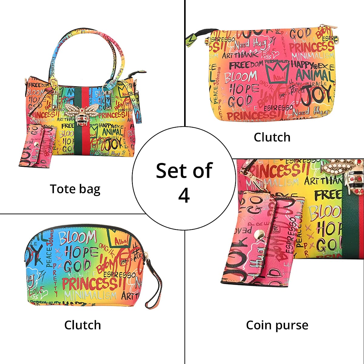 4pc Multi Color Vegan Leather Tote Bag, Clutch, Cosmetic Bag and Coin Purse image number 4